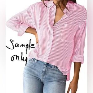 Fashion Pink Fall Striped Button Up Casual Quarter Sleeve